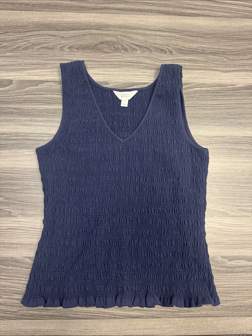 Market & Spruce Navy Smocked V-Neck Tank with Ruffle Trim